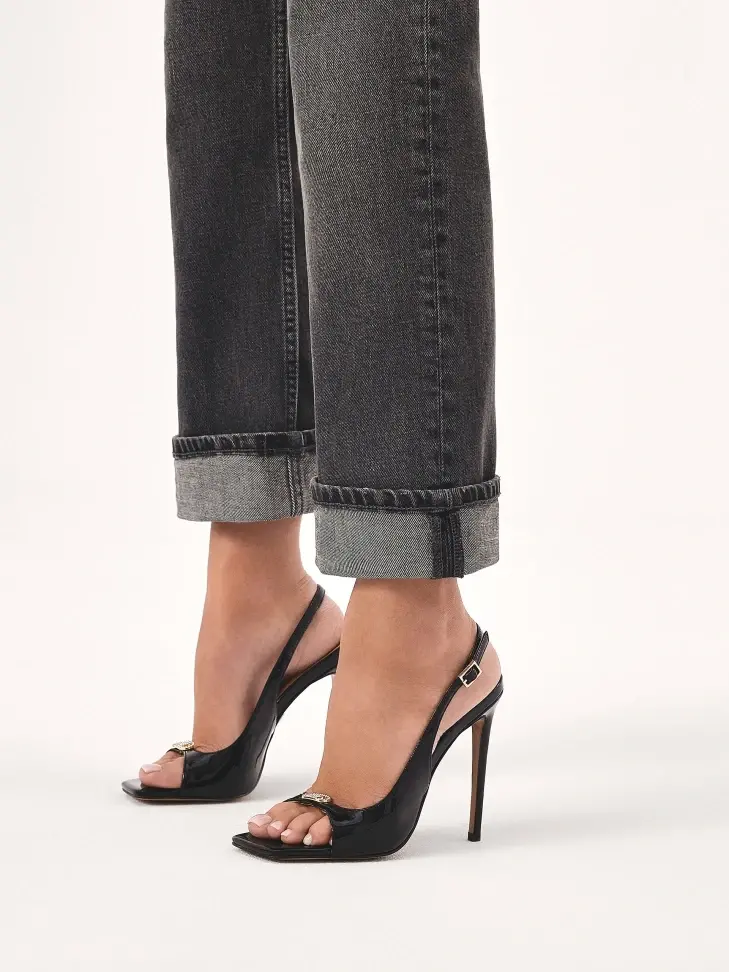 Kazar Black Patent Leather Sandals With Cutout Upper