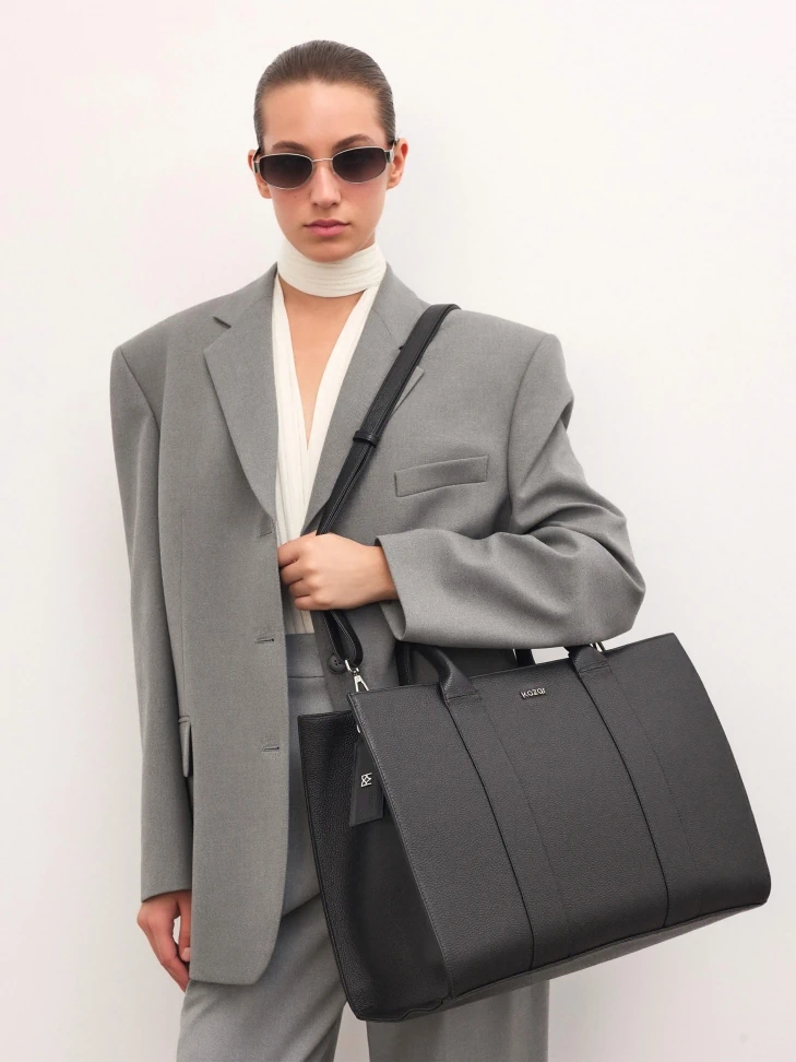 Kazar Black Pea-skin Leather Tote Bag With Detachable Strap