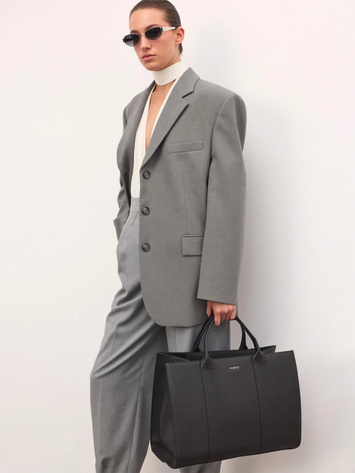 Kazar Black Pea-skin Leather Tote Bag With Detachable Strap