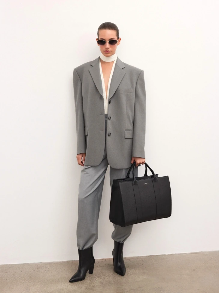 Kazar Black Pea-skin Leather Tote Bag With Detachable Strap