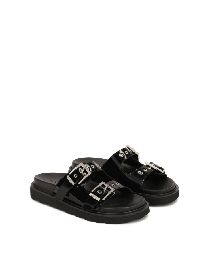 Kazar Black Slides In Glossy Leather With Two Buckles