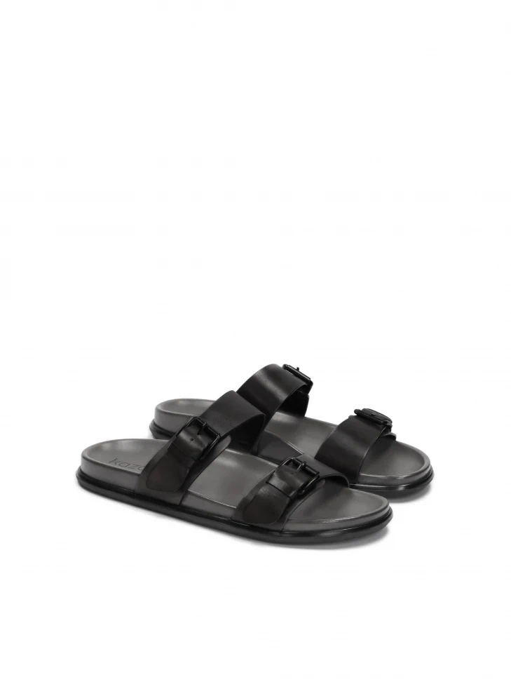 Kazar Black Slides In Grain Leather For Urban Style