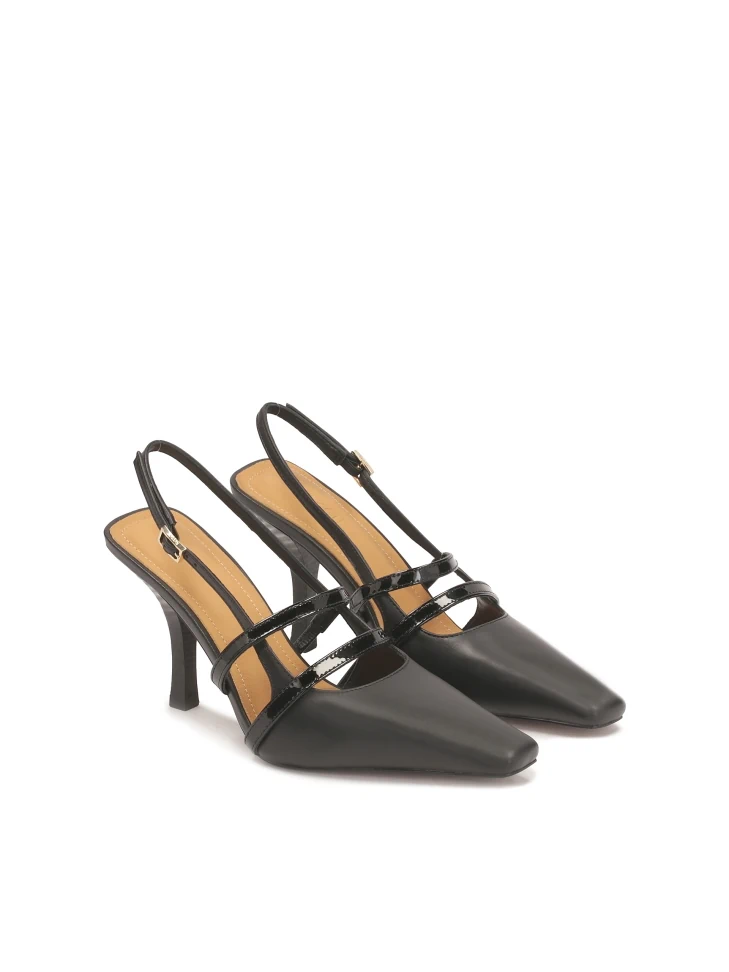 Kazar Black Slingback Pumps With Patent Leather Straps