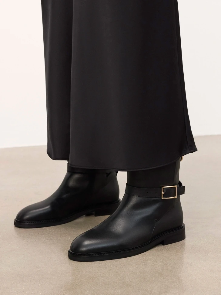 Kazar Black Slip-on Natural Leather Boots With Decorative Buckle