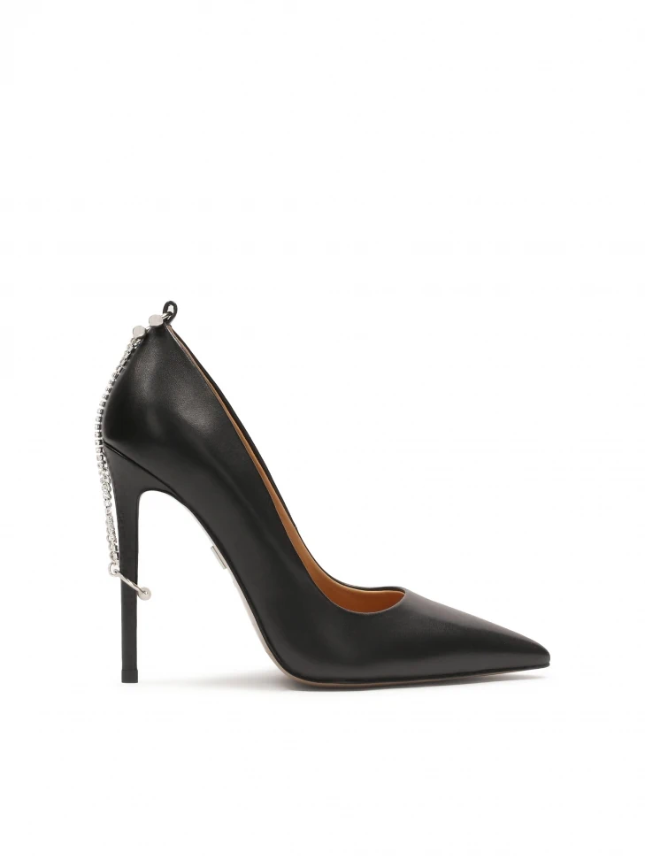 kazar Black stilettos with a chain pinned to the heel