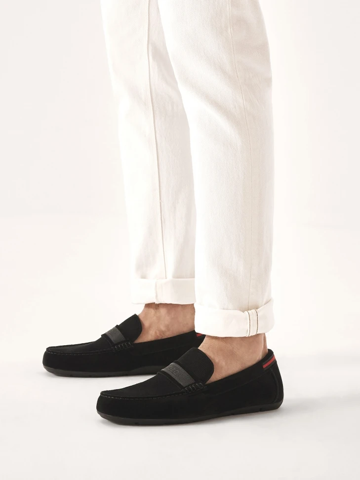 Kazar Black Suede Moccasins Embellished With Logo Ribbon