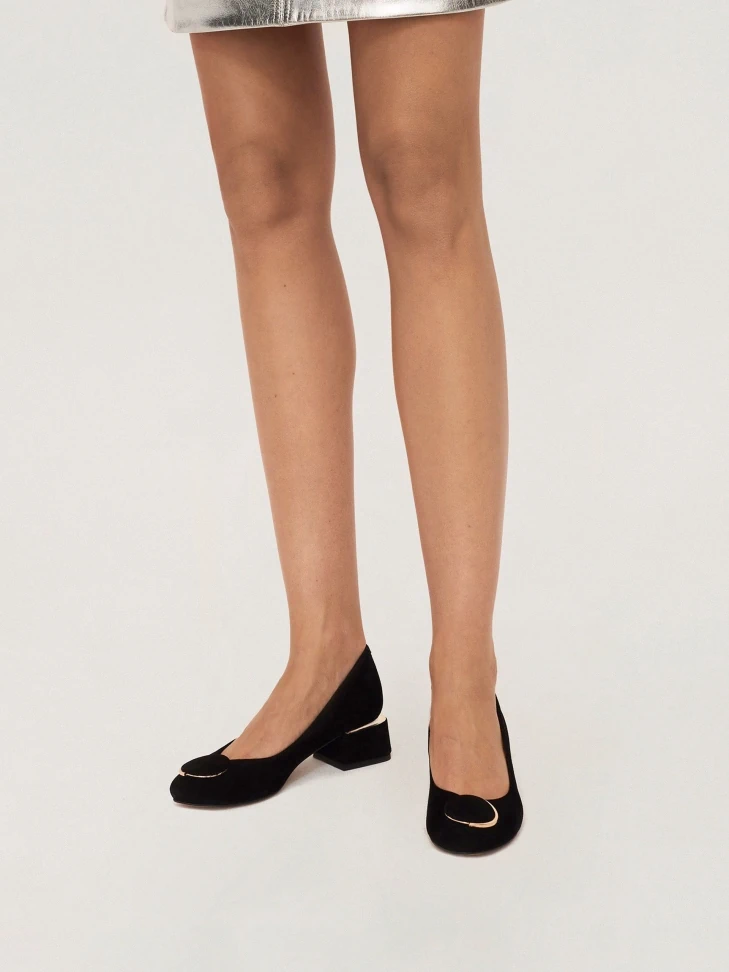 Kazar Black Suede Pumps With A Fashionable Heel And A Round Pin On The Front