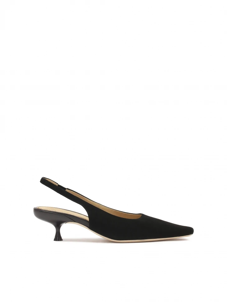 kazar Black suede pumps with open heel and extended nose