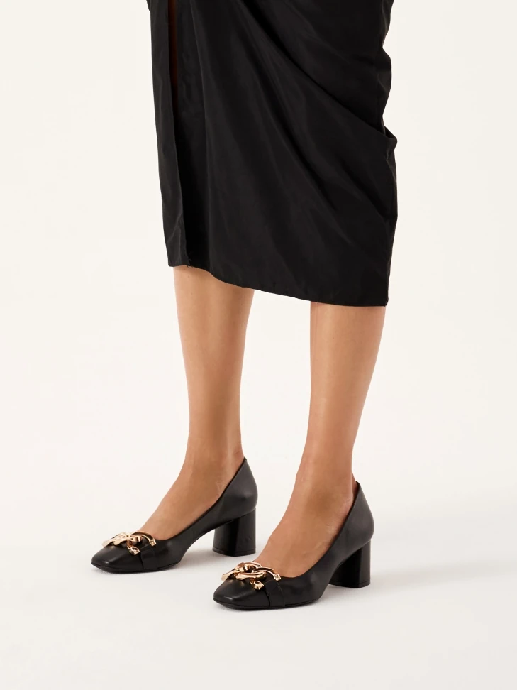 Kazar Black Wide Heel Pumps Embellished With Chain Links
