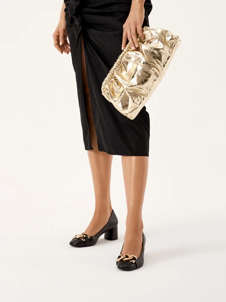 Kazar Black Wide Heel Pumps Embellished With Chain Links