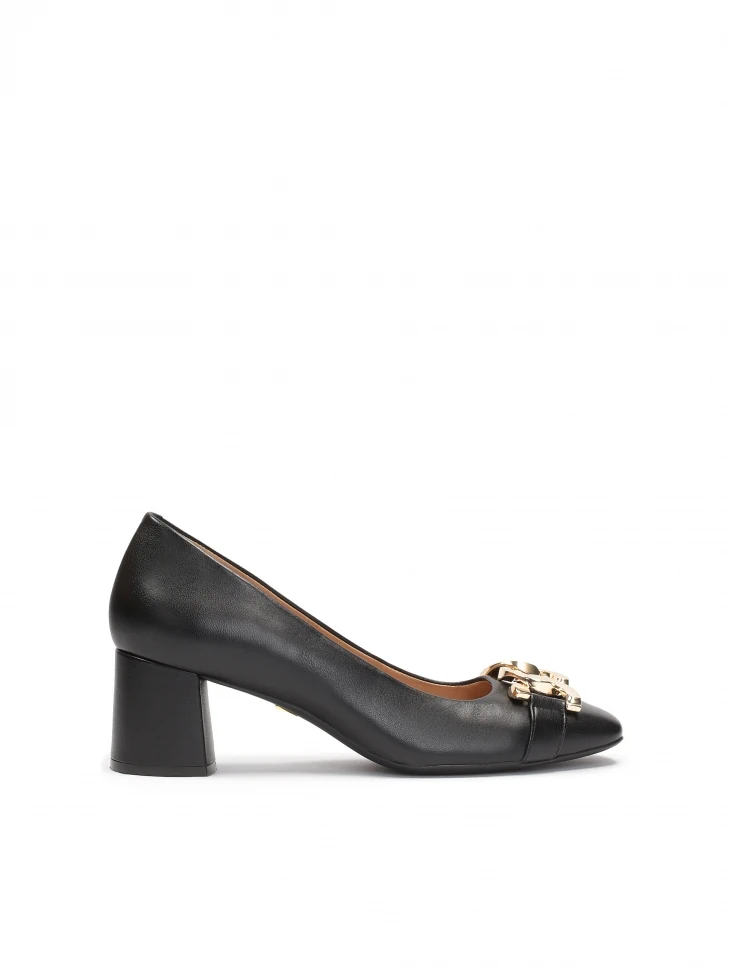 kazar Black wide heel pumps embellished with chain links