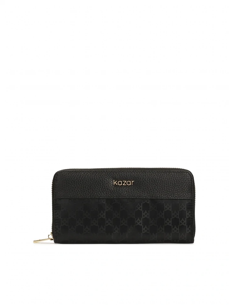 kazar Black zip wallet with embossed KAZAR monograms