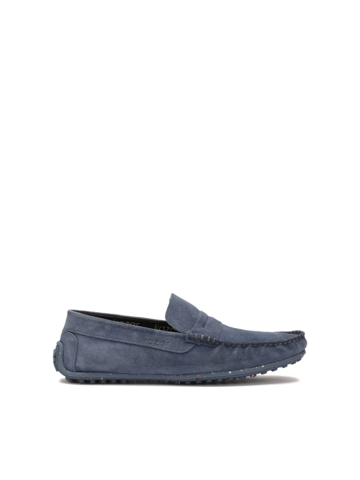 kazar Blue suede moccasins on a studded rubber sole