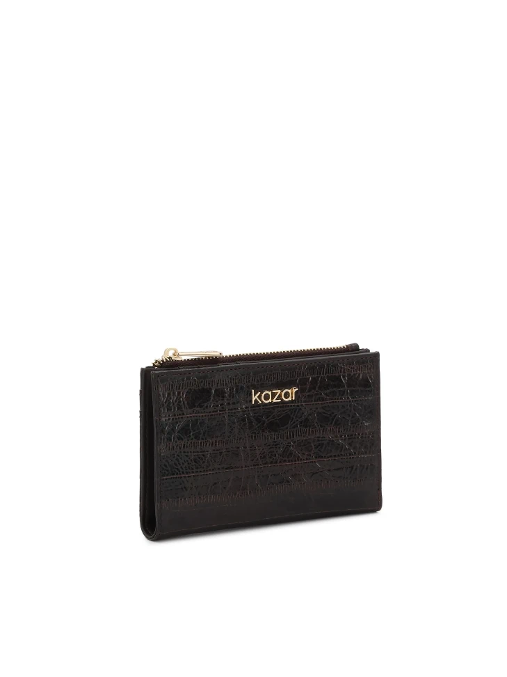 Kazar Brown Embossed Leather Wallet With Coin Compartment
