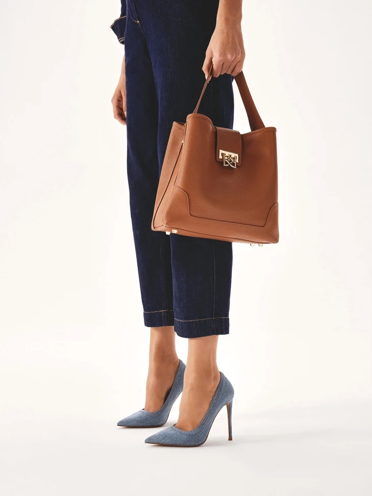 Kazar Brown Handbag With Hand Grip And Shoulder Strap
