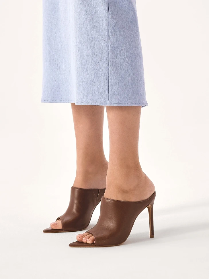 Kazar Brown Mules With Slender Heel And Pointed Nose