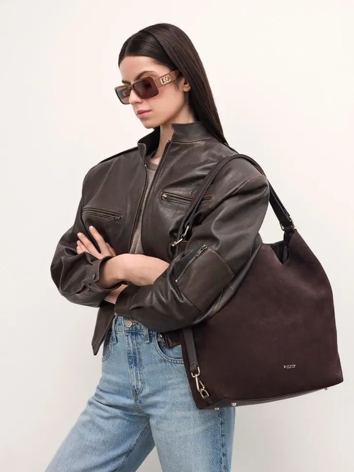 Kazar Brown Natural Suede Handbag With Minimalist Design