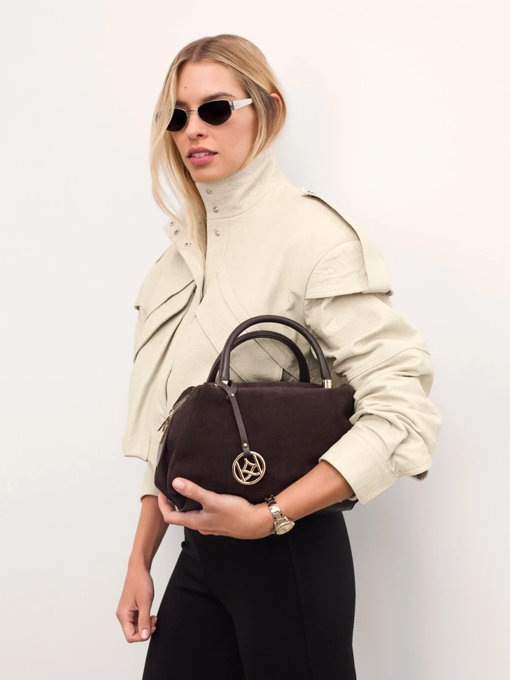 Kazar Brown Suede And Genuine Leather Handbag With Key Ring