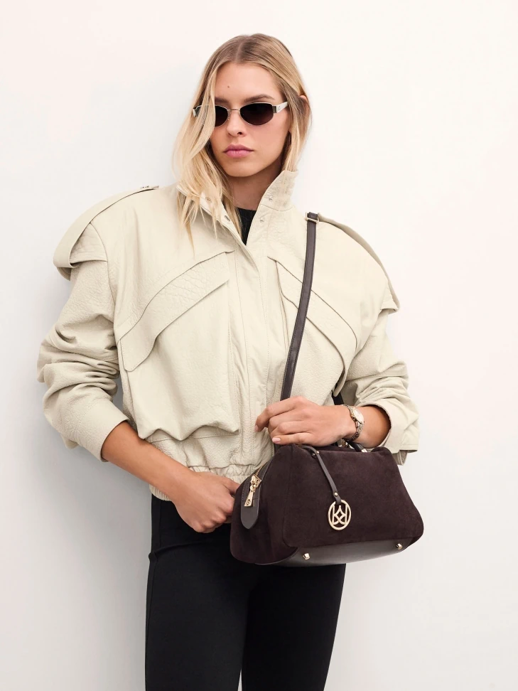 Kazar Brown Suede And Genuine Leather Handbag With Key Ring