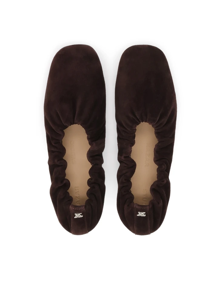 Kazar Brown Suede Ballerinas With Elastic Band And Silver Monogram