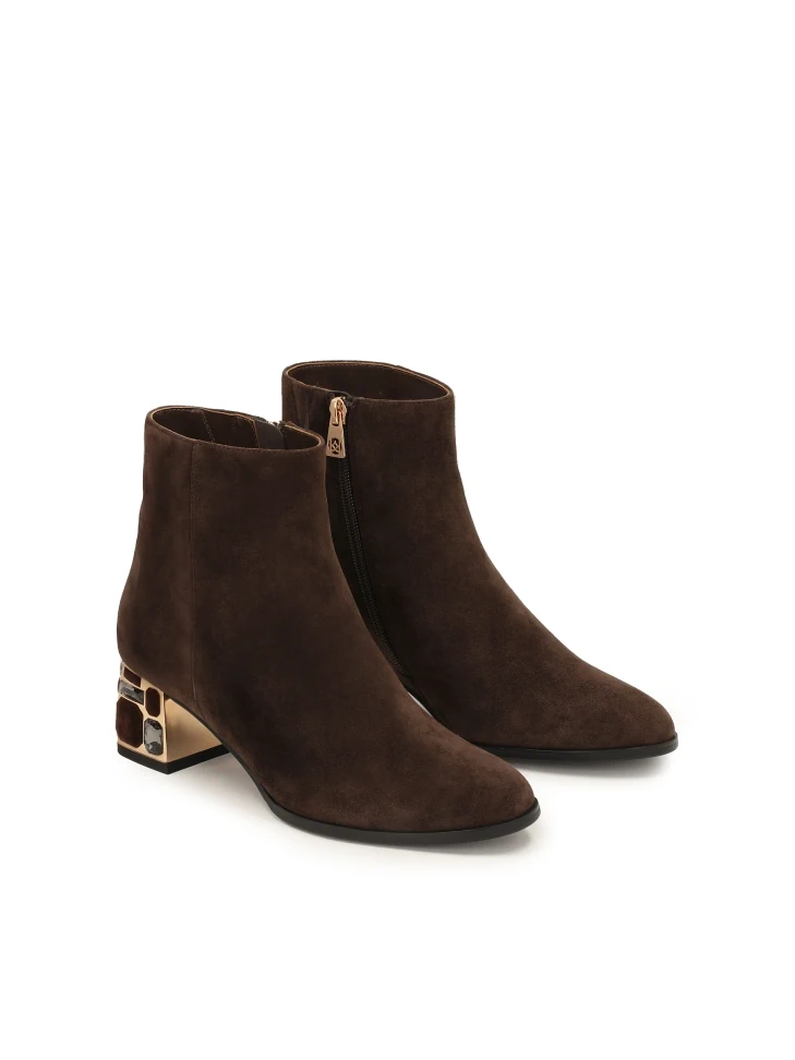 Kazar Brown Suede Booties With A Beautifully Decorated Heel