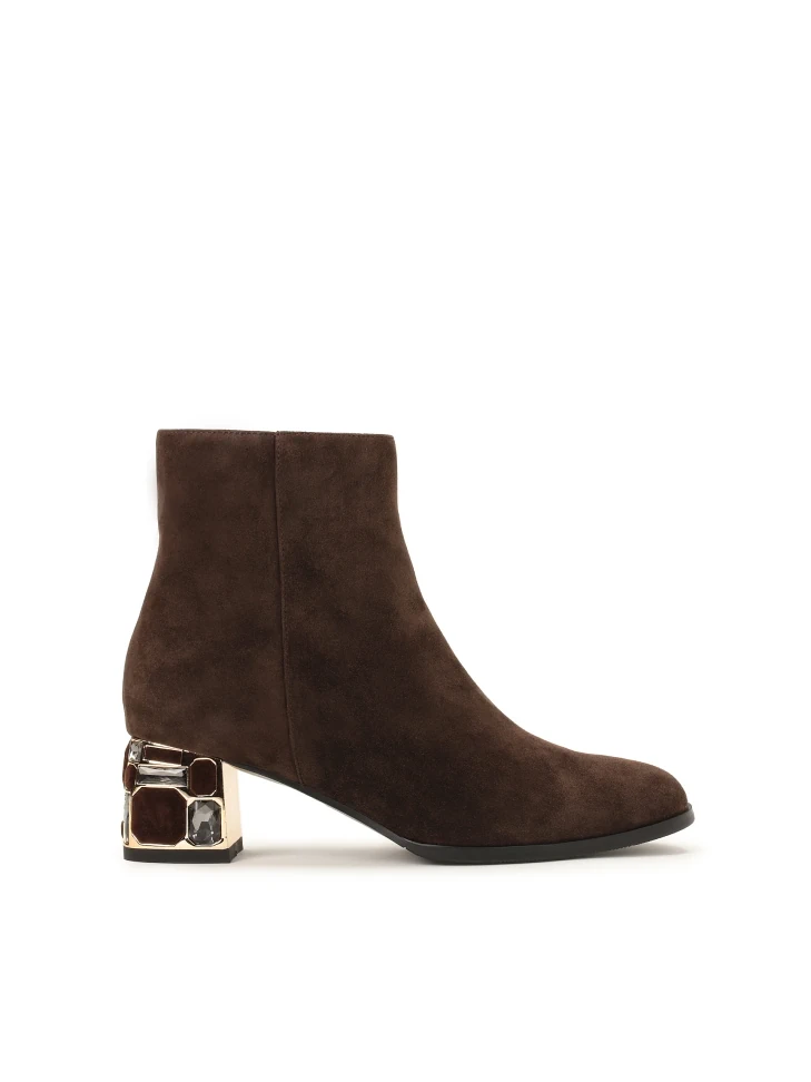 kazar Brown suede booties with a beautifully decorated heel