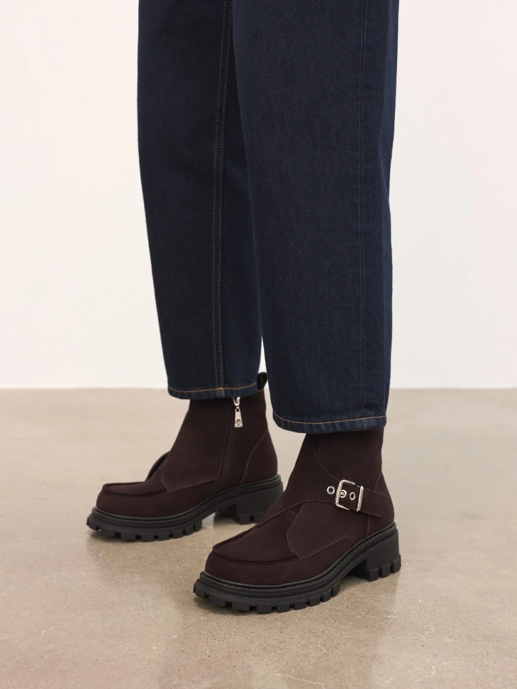 Kazar Brown Suede Boots On A Solid Sole With A Decorative Buckle