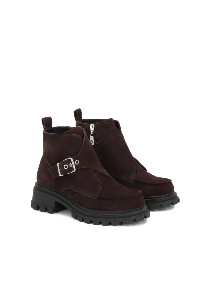 Kazar Brown Suede Boots On A Solid Sole With A Decorative Buckle