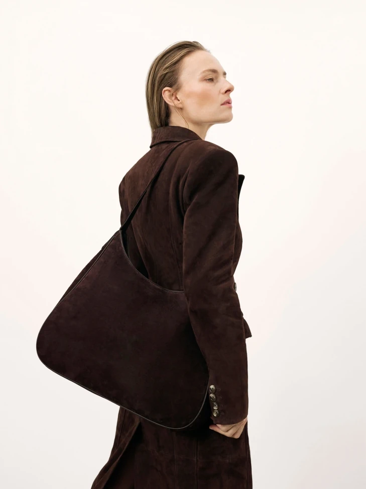 Kazar Brown Suede Trapeze Handbag With Leather Strap