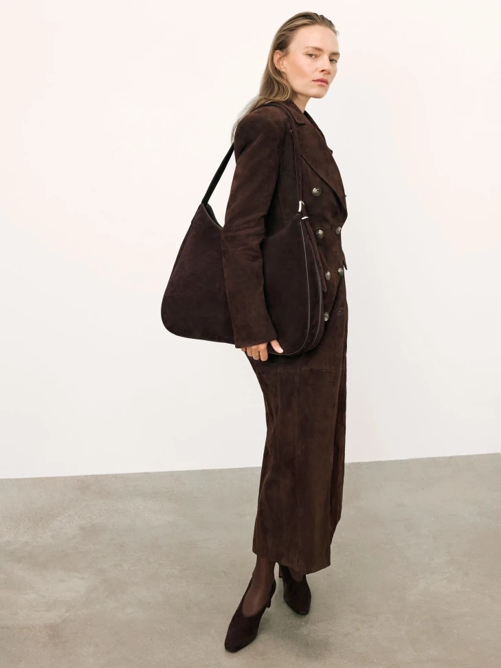 Kazar Brown Suede Trapeze Handbag With Leather Strap