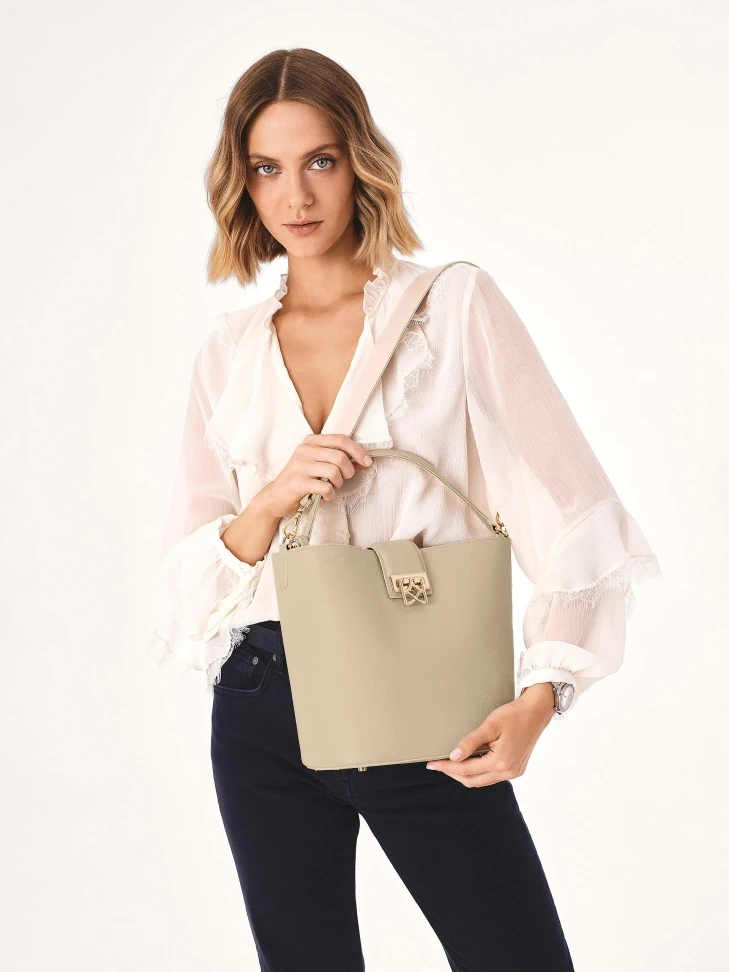 Kazar Cream Handbag With Quilted Bottom And Two Straps