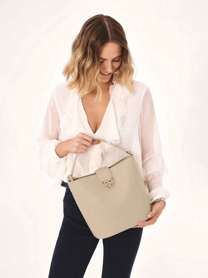 Kazar Cream Handbag With Quilted Bottom And Two Straps