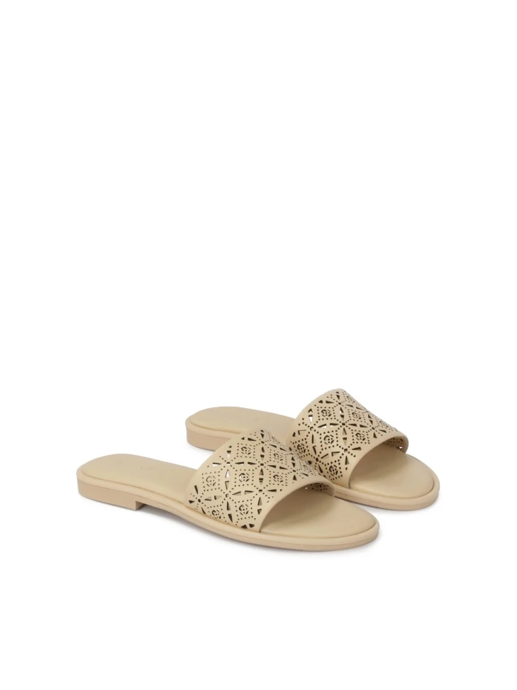 Kazar Cream Slides With A Wide Strap In A Fine Pattern