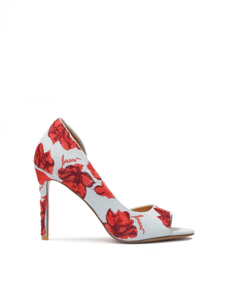 kazar Denim fabric peep toe pumps with embroidered flowers