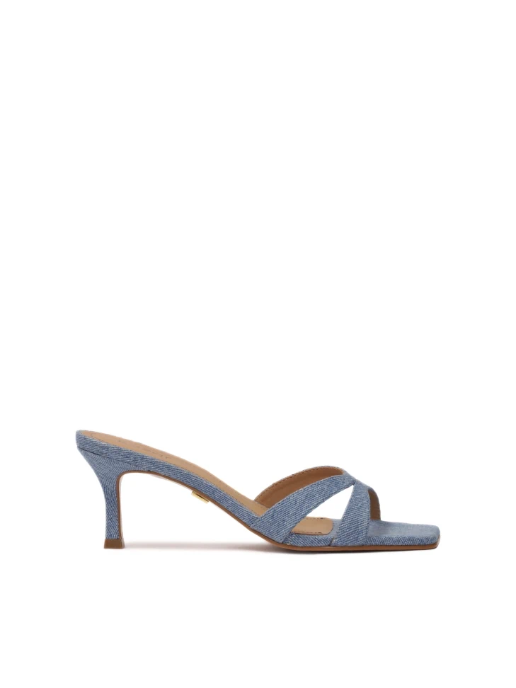 kazar Denim mules with two straps on a stiletto heel