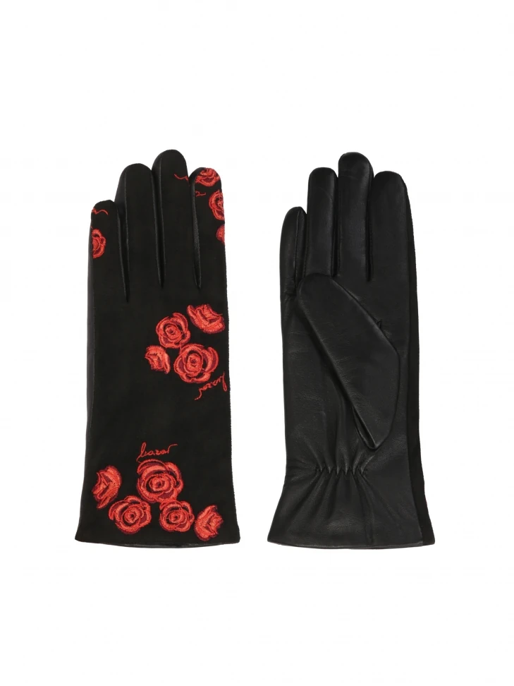 Kazar Elegant Black Gloves With Embroidered Red Flowers