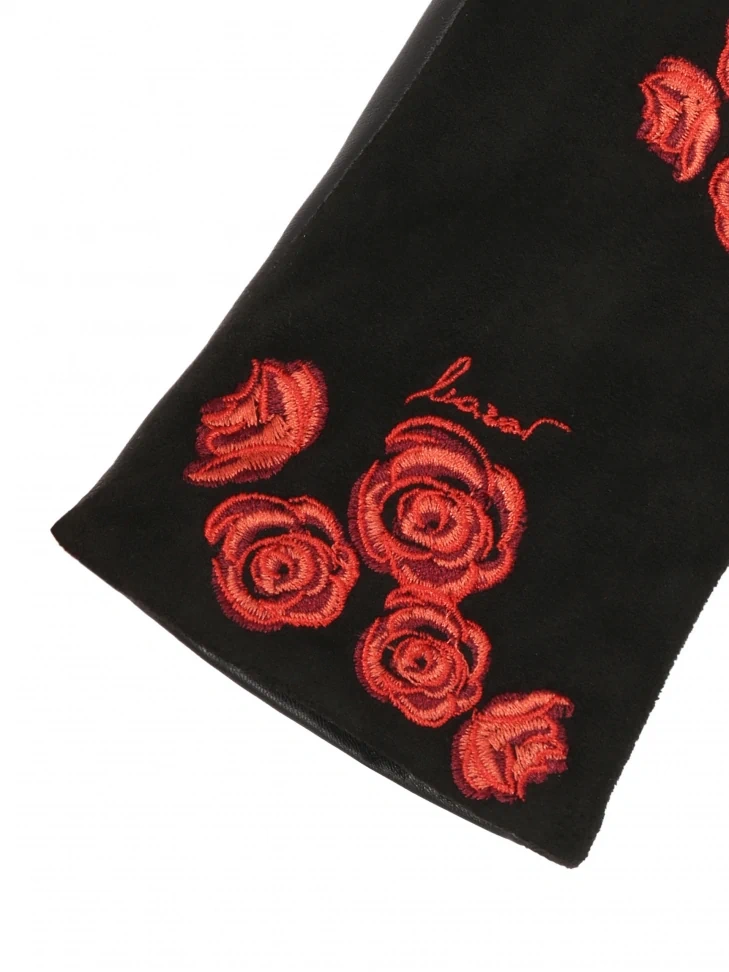 Kazar Elegant Black Gloves With Embroidered Red Flowers