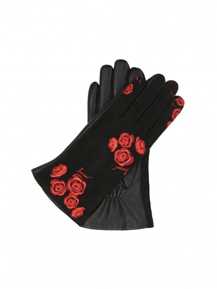 kazar Elegant black gloves with embroidered red flowers