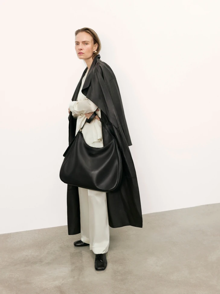 Kazar Elegant Black Leather Handbag With Trapezoidal Shape