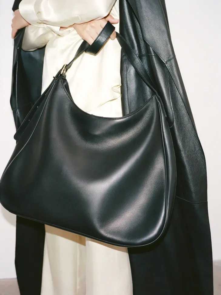 Kazar Elegant Black Leather Handbag With Trapezoidal Shape