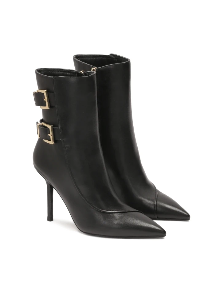 Kazar Elegant Black Stiletto Heeled Boots Decorated With Logo Buckles