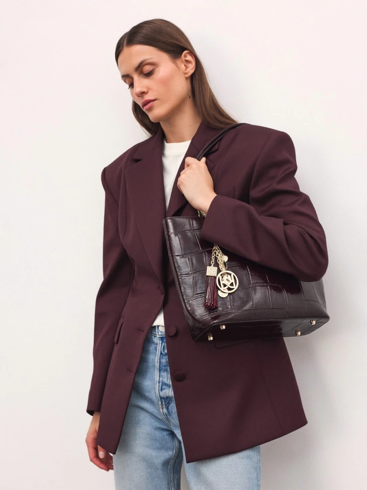 Kazar Elegant Burgundy Handbag With Embossed Pattern