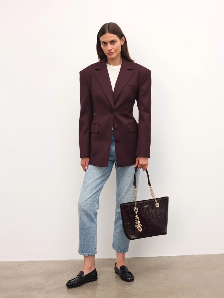 Kazar Elegant Burgundy Handbag With Embossed Pattern