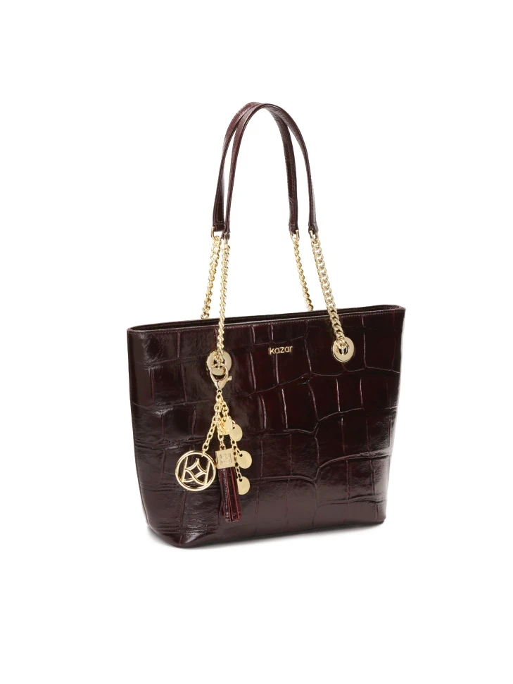 Kazar Elegant Burgundy Handbag With Embossed Pattern