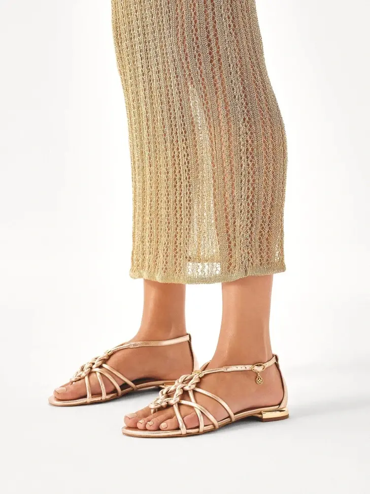 Kazar Gold Flip Flop Sandals With Intertwined Straps