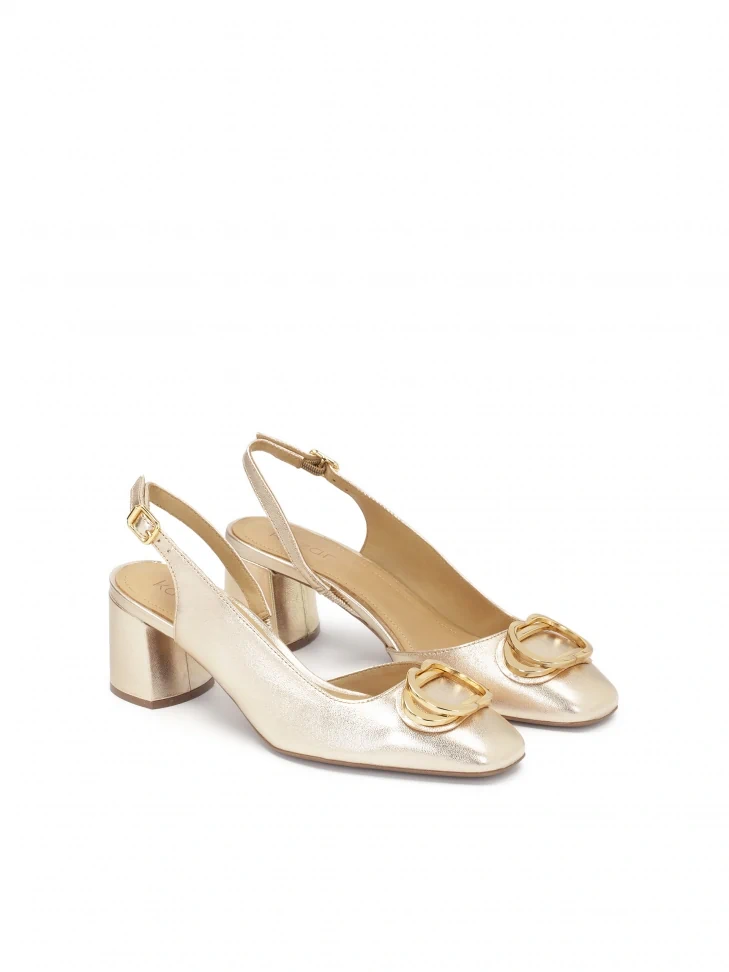 Kazar Gold Pumps With Open Heel And Metal Embellishment On The Nose