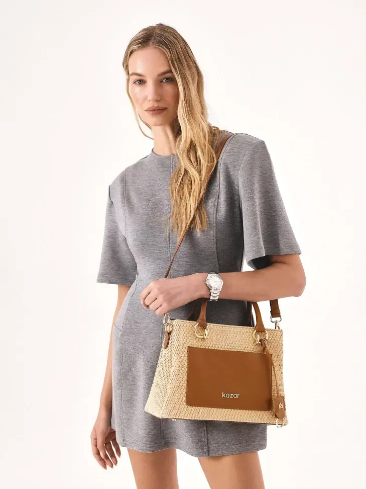 Kazar Beige Handbag With Braided Pattern