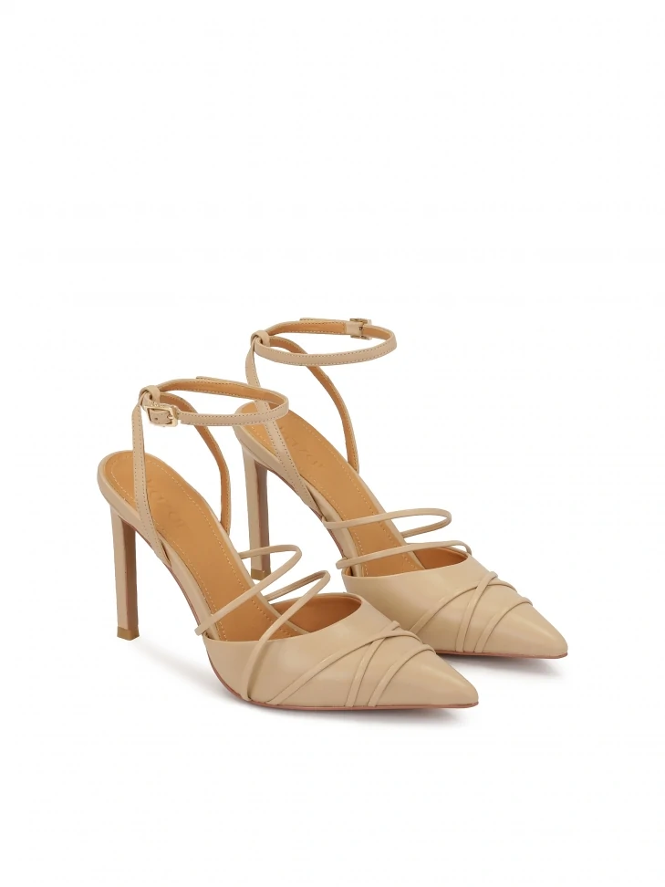 Kazar Beige Leather Pumps Decorated With Straps