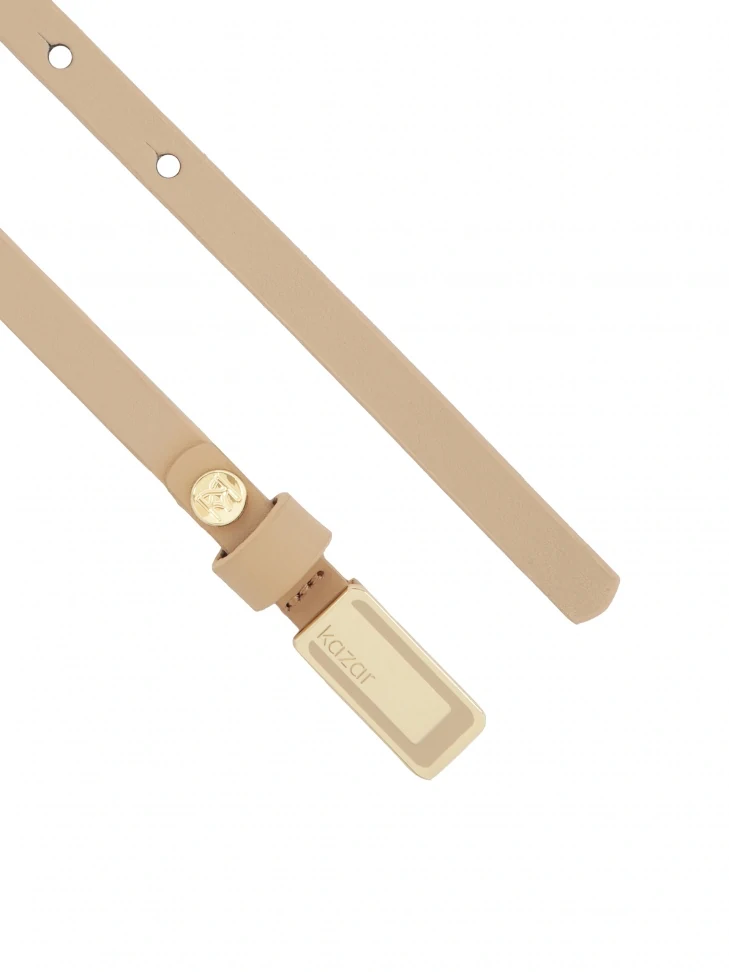 Kazar Beige Narrow Belt With Logo Buckle