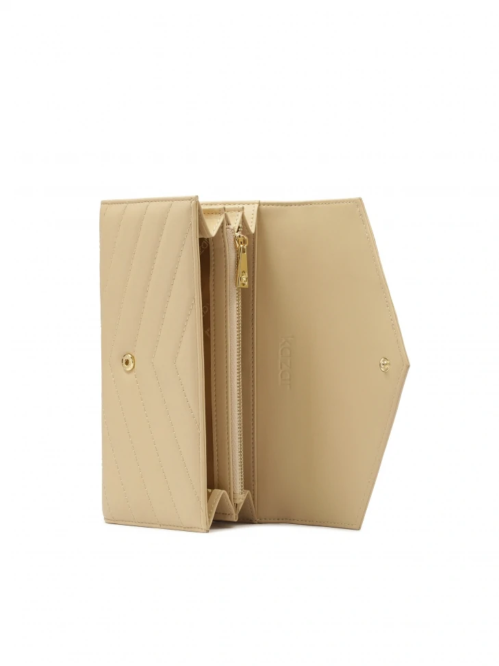 Kazar Beige Oblong Wallet Decorated With Stitching